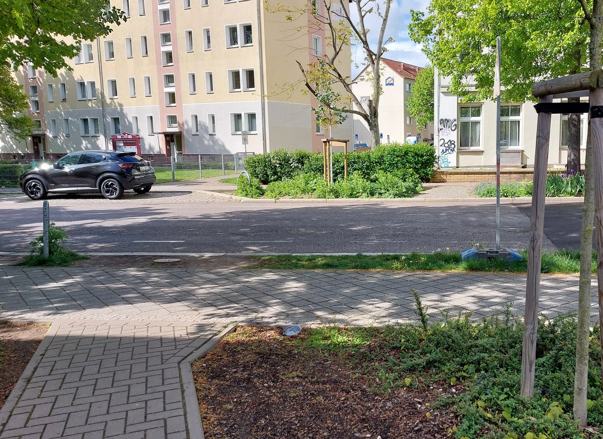 Diesen Weg mit Kleinpflaster rechts auf der anderen Seite der Ebendorfer Str hat die <a href="/Ottostadt/">Ottostadt Magdeburg</a> selbst vor Jahren angelegt. Und jetzt soll hier niemand mehr die Straße queren, weil der Durchgangsverkehr gewonnen hat? #Magdeburg