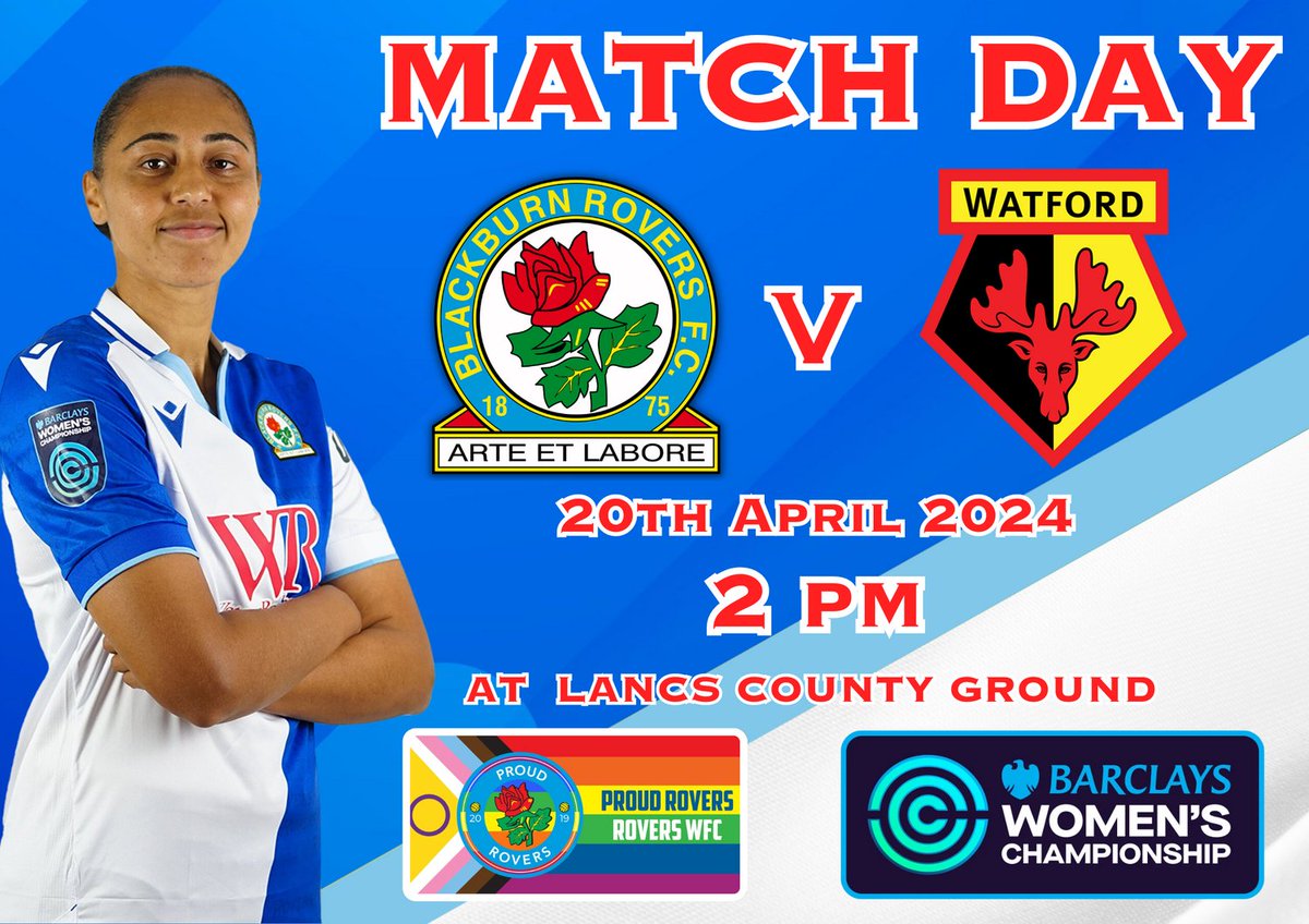 Matchday! Blackburn Rovers WFC V Watford WFC KO 2 pm at Lancs FA County Ground, Leyland Come on you blues!!! Proud Rovers membership is free follow the link to sign up. forms.office.com/r/7V8UYQL6YD @RoversWFC