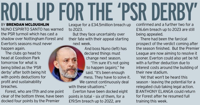 Nuno Espírito Santo warns PSR chaos which has hung over #nffc & #efc seasons must never happen again. Sides meet Sun in ‘PSR derby' six-pointer. 'It’s been enough mess. They have to solve it. We cannot continuously deal with these situations.' @MirrorFootball @BASportsJourno