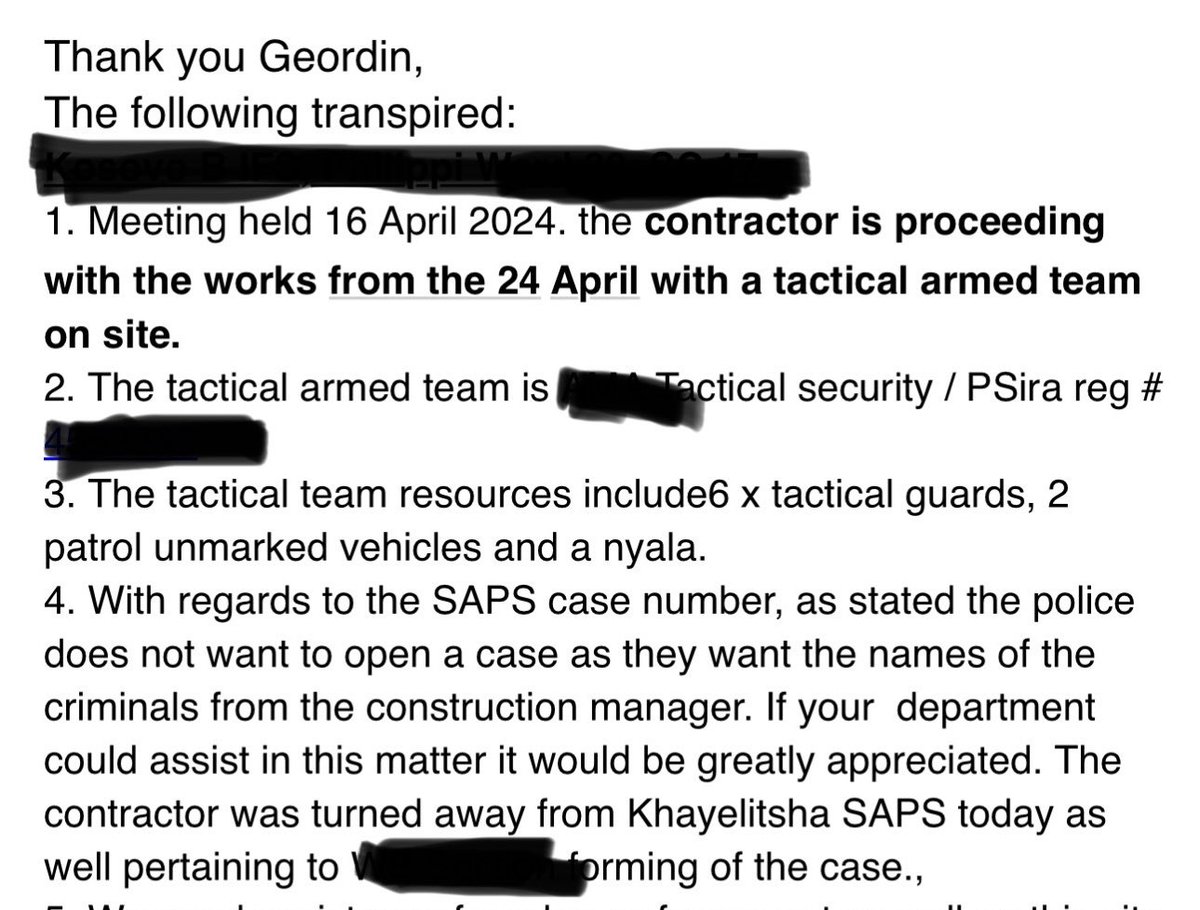 Here is an indication of the additional security measures we are paying for to complete a sewer and storm water upgrade in an informal settlement. And SAPS will not open a case of extortion *unless we provide the names of the criminals*. 🤦‍♂️ For security I’ve removed details…