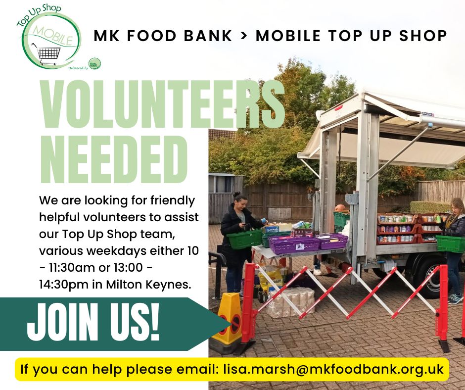 We are looking for friendly helpful volunteers to assist our Top Up Shop in locations in #mk: Broughton, Conniburrow, Hedgerows Family Centre, Rowans Family Centre & Leon School. Various weekdays 10-11:30 or 13-14:30. Email: lisa.marsh@mkfoodbank.org.uk buff.ly/3dfn0uH