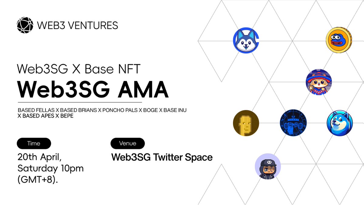 WEB3SG @Base NFT Space starts in 1 Hour. Our Guests: @bogeonbase @based_fellas @ponchoBASE @BaseinuCT @BriansBased @BepeOnBASE @BasedApesNFTs Don't miss out, we're going to explode the @base NFT space. Set a reminder (10pm GMT+8 / 10am EST) : twitter.com/i/spaces/1ynJO…
