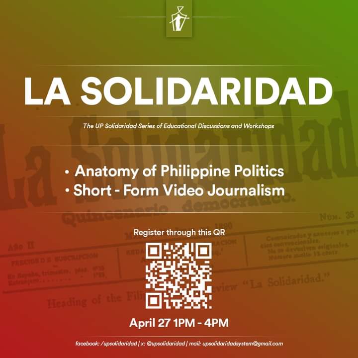 📣 CALLING THE ATTENTION OF ALL UP SOLIDARIDAD MEMBER PUBLICATIONS, WRITERS' ORGANIZATIONS, AND ALL CAMPUS PUBLICATIONS.

UP Soli is set to hold 4th leg of 'La Solidaridad: The UP Soli Series of EDs and JSTs' on April 27, 2024, via Zoom.

#DefendPressFreedom
#UPSoliLaSolidaridad