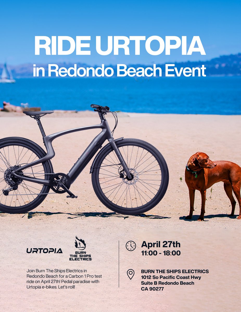 Get ready to pedal paradise in Redondo Beach with Urtopia e-bikes! Join our dealer Burn The Ships Electrics for a Carbon 1 Pro test ride on April 27th. #urtopiaebike #urtopiacarbon1pro #ebike #testride