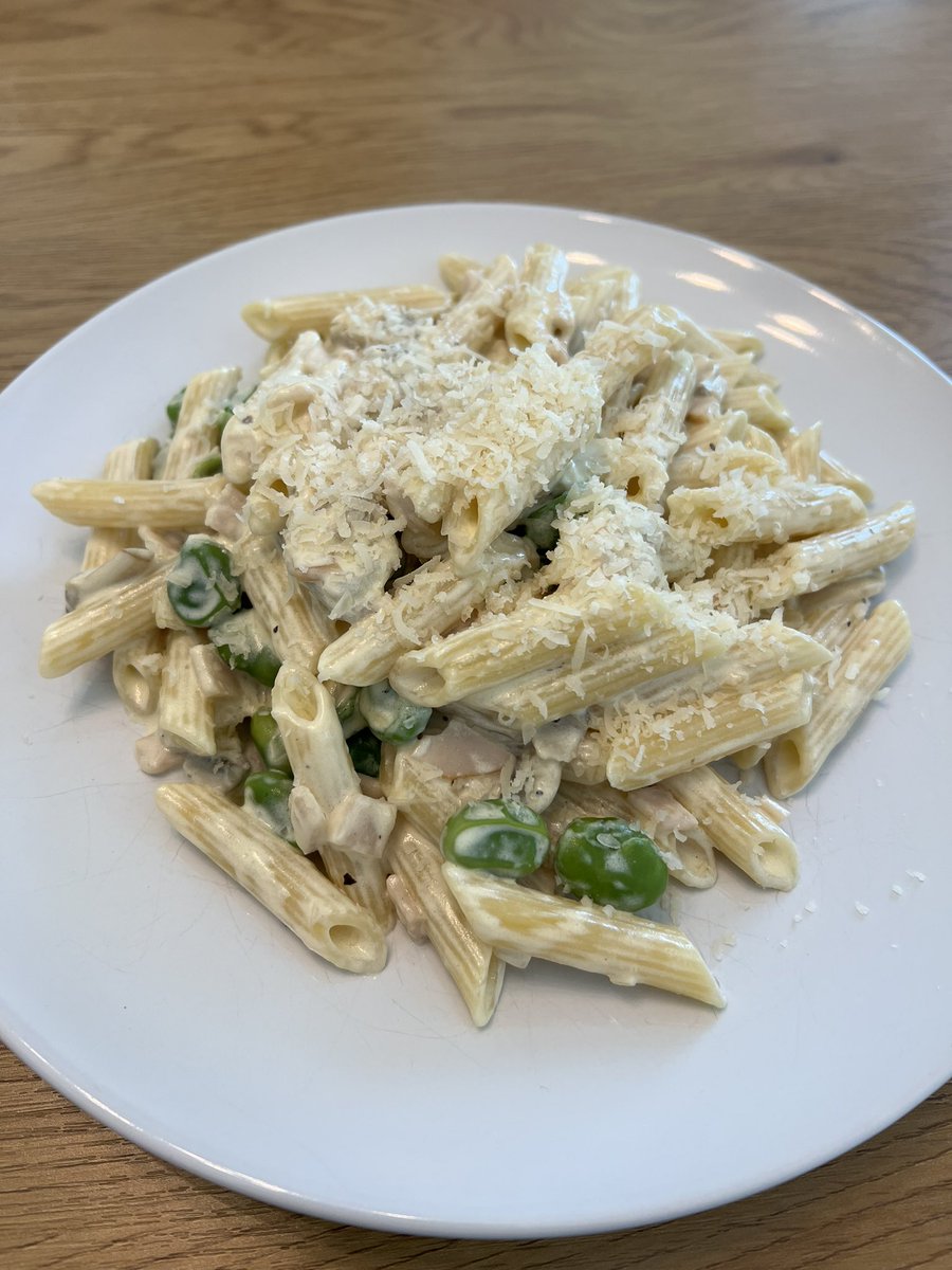 #Pasta with broad beans, mushrooms and diced cooked ham. Parmesan cheese - grated the cheese over the pasta as if it were raining!!! #food #lunch #weekendfun