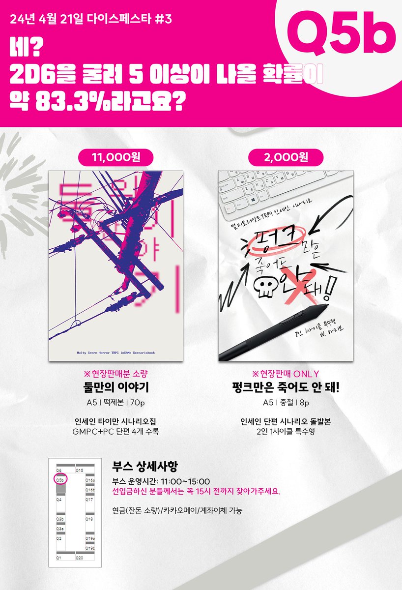 📌4/21 다이스페스타
[Q5b] 네? 2D6을 굴려 5 이상이 나올 확률이 약 83.3%라고요?
부스 최종 인포입니다!
인세인 타이만 시나리오집과 인세인 2인 시나리오 중철본을 가져갑니다.
자세한 사항은 이미지 및 링크를 참고해주세요!

📌둘만의 이야기 인포 :: posty.pe/nqw1k4