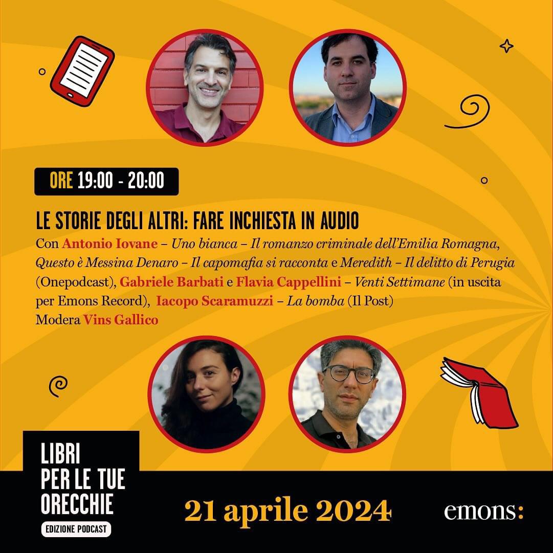 📍Domenica #21aprile, ore 19

"Le storie degli altri: fare inchiesta in audio"
 Il nostro @vinsgallico modera l'incontro con <a href="/antonio_iovane/">Antonio Iovane</a>, Flavia Cappellini, <a href="/gabrielebarbati/">gabrielebarbati</a>, <a href="/iscaramuzzi/">iacopo scaramuzzi 🇪🇺</a>.