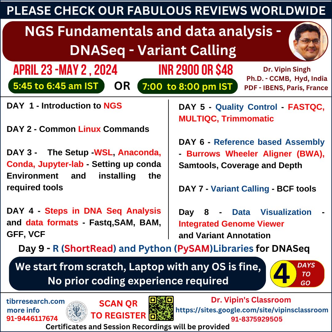 dr_vipin_singh's tweet photo. Register here - https://t.co/VeTRWex2pl
Live reviews - https://t.co/ecoSontunX

#BasicsOfNGS #Illumina #IonTorrent #Nanopore #DNASeq #PacBio #NGS_data_analysis #Anaconda #Conda #Conda #SamTools #bcftools #fastqc #multiqc #BurrowsWheelerAlignmentAlgorithm #Bowtie #DrVipinsWorkshop https://t.co/8fjTjQJxaX