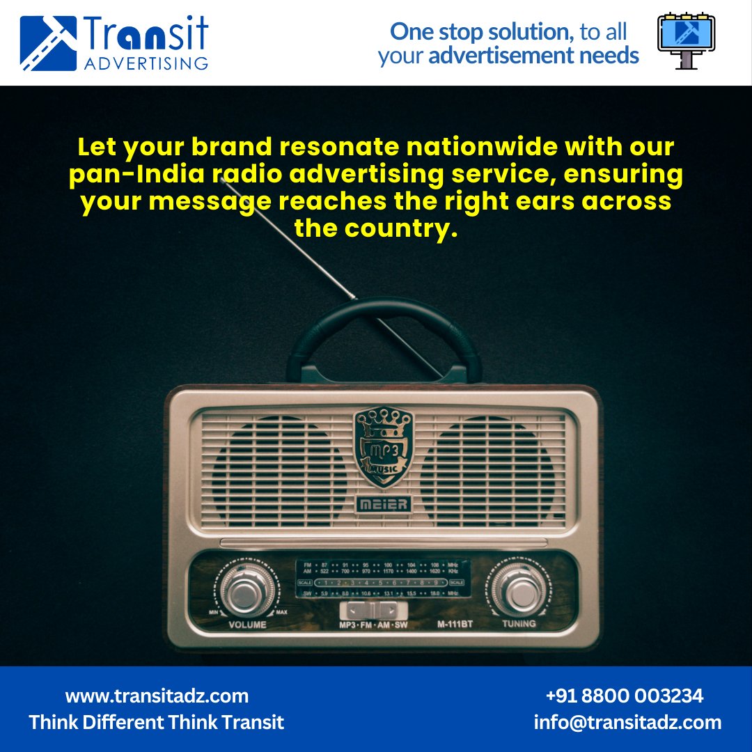 Expand your brand's reach far and wide with our pan-India radio advertising service. 📻✨ Reach millions and make your message heard everywhere! 

#RadioAdvertising #BrandExpansion