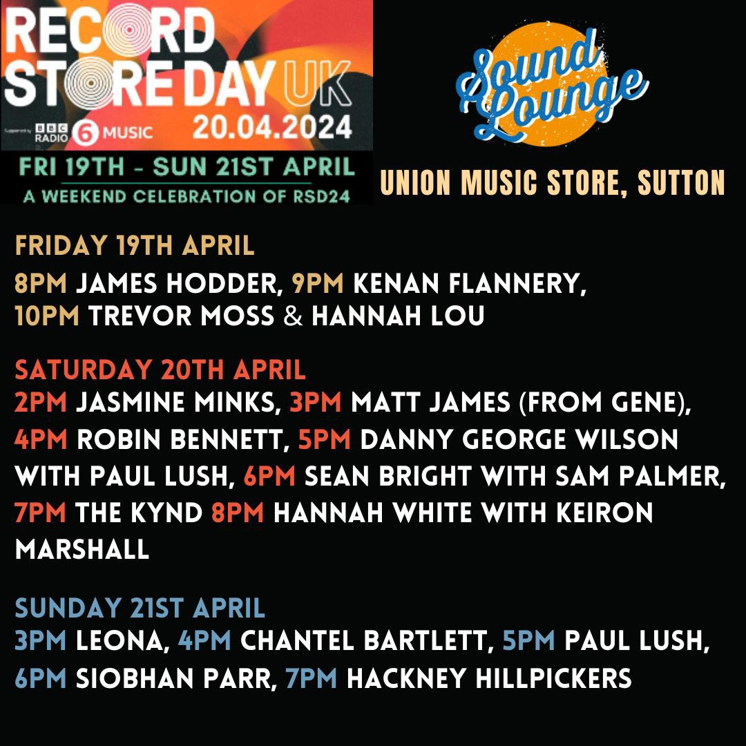 I'm playing some of me songs later today in Sutton as part of the @unionmusicstore #rsd extravaganza. Let's all have a party! whoop!