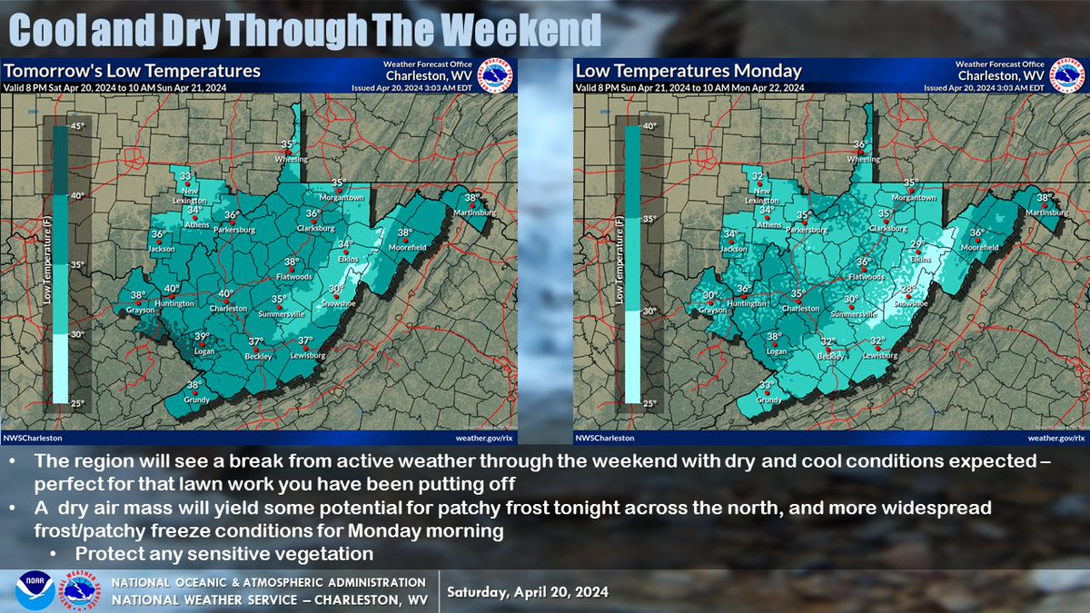 Cool and dry through the weekend, perfect for catching up on that deferred lawn work! A rather dry airmass in place will yield chilly morning conditions Sunday and Monday morning - if you have early vegetation out may want to consider protecting it.