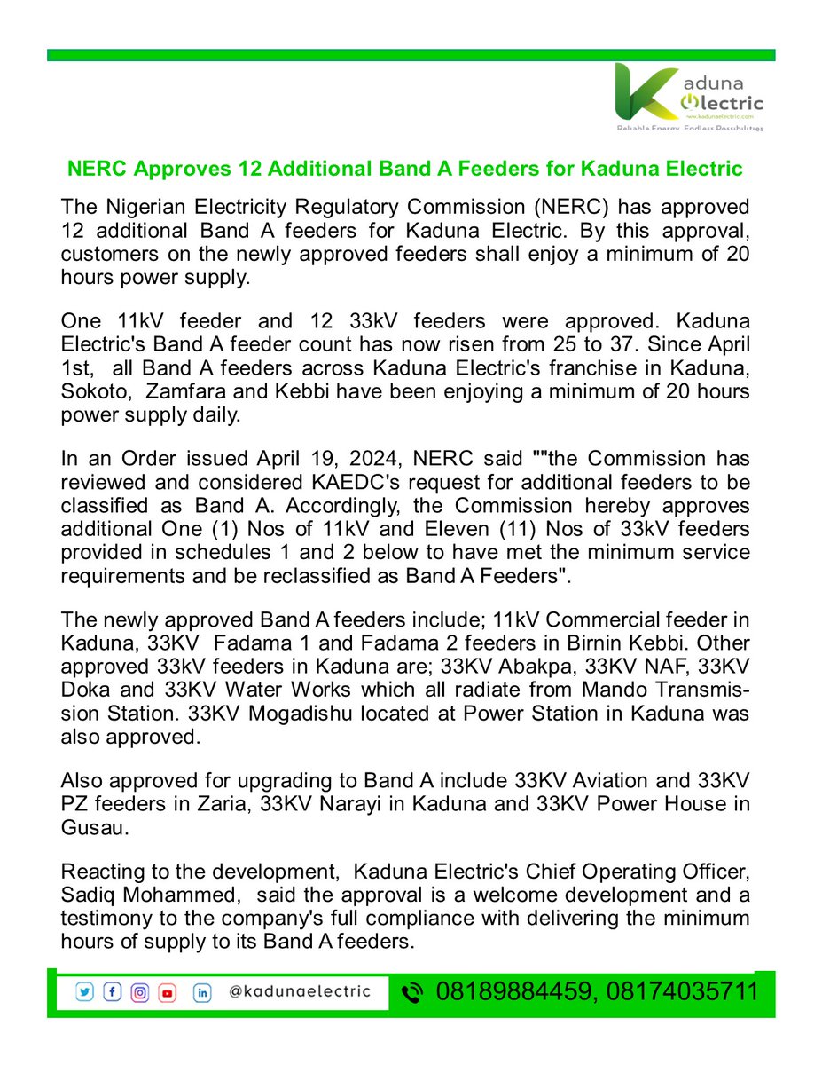 NERC Approves 12 Additional Band A Feeders for Kaduna Electric.