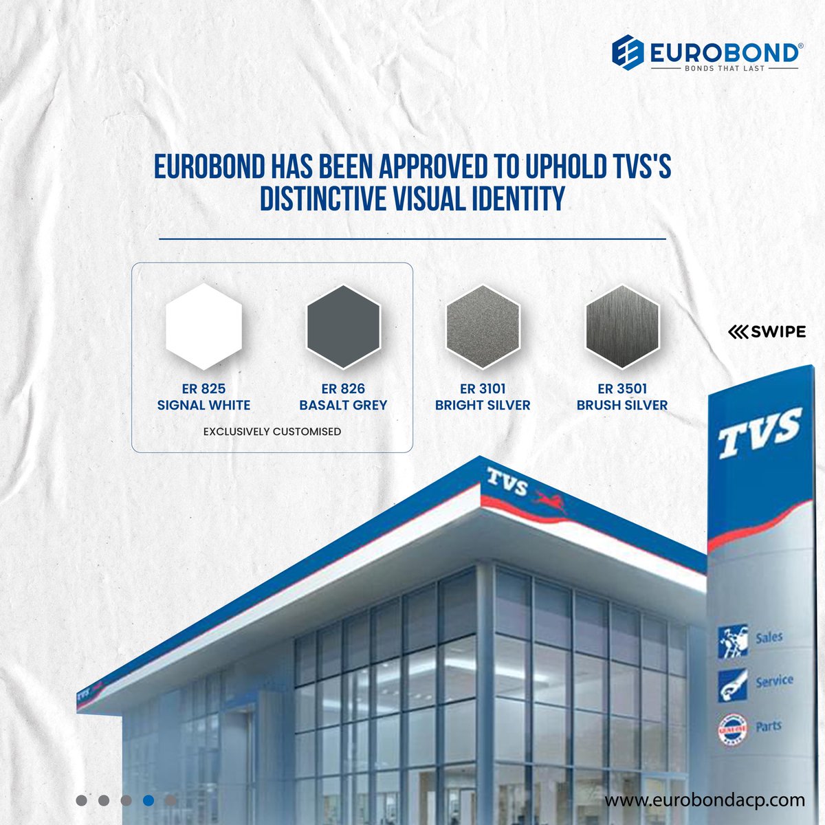 We are delighted to announce Eurobond as approved partner of TVS Motors, the world's 5th largest two-wheeler manufacturer, renowned for its distinctive visual identity and engineering excellence.

#Eurobond #EurobondIndia #EurobondACP #TVSmotors #aluminiumcompositepanels #FRACP
