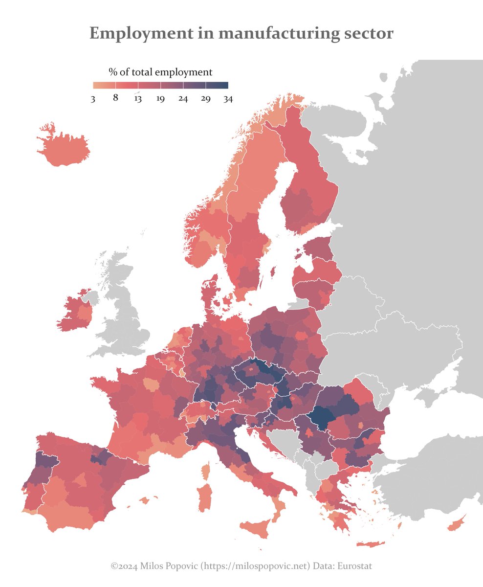 My new map shows the % of employment in manufacturing: Central Europe's dark tones highlight its manufacturing dominance. Lighter shades up north and down south hint at diverse economic landscapes. 🏭💼 Follow my tutorial and make your own maps: youtu.be/thAB4IzplQA?si…