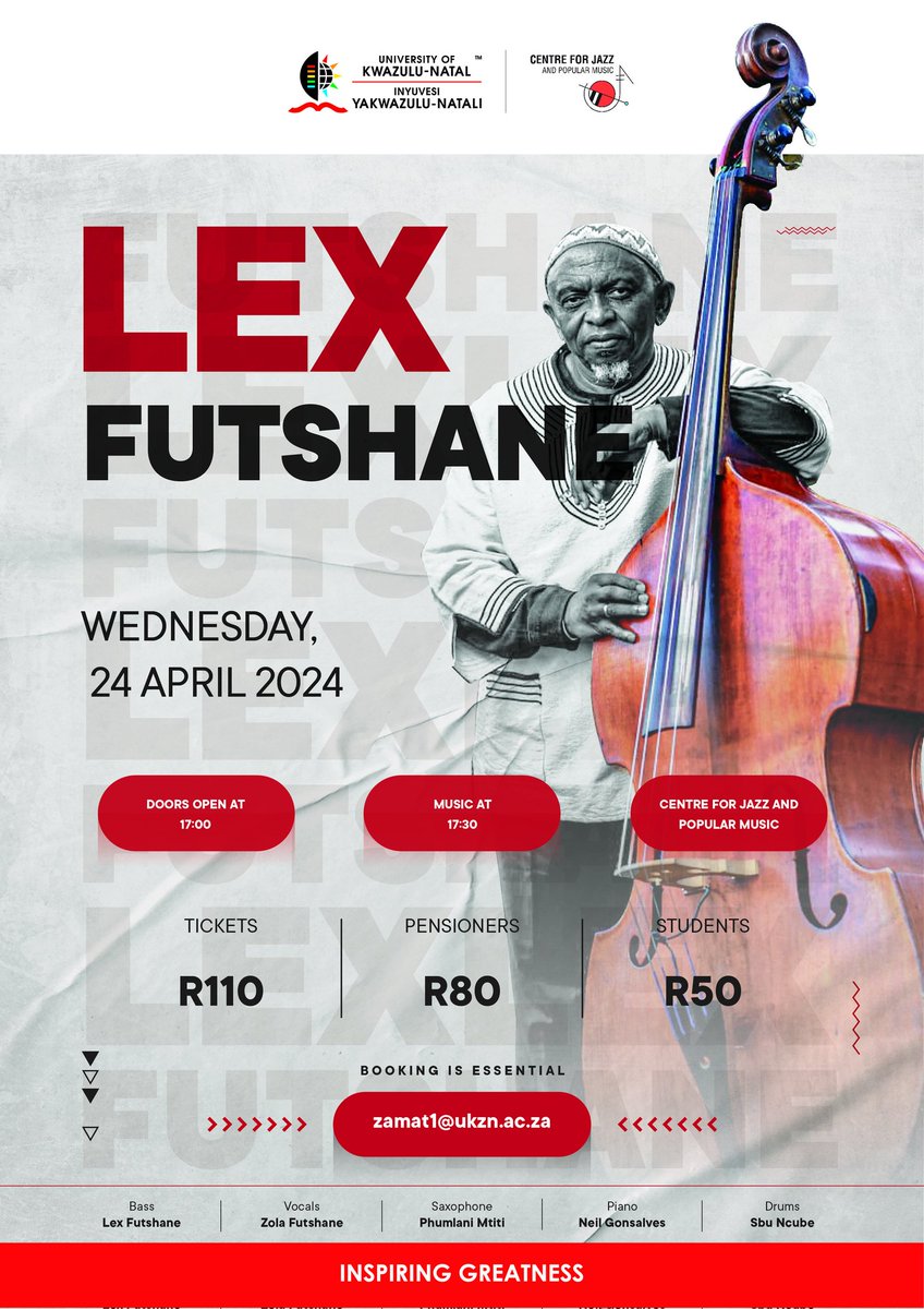 Lex Futshane on Acoustic Bass will be joined by Zola Futshane on Vocals, Phumlani Mtiti on Saxophone, Neil Gonsalves on piano and Sbu Ncube on the Drums. Wednesday, 24 April 2024 Doors open at 17:00, Music starts at 17:30 zamat1@ukzn.ac.za