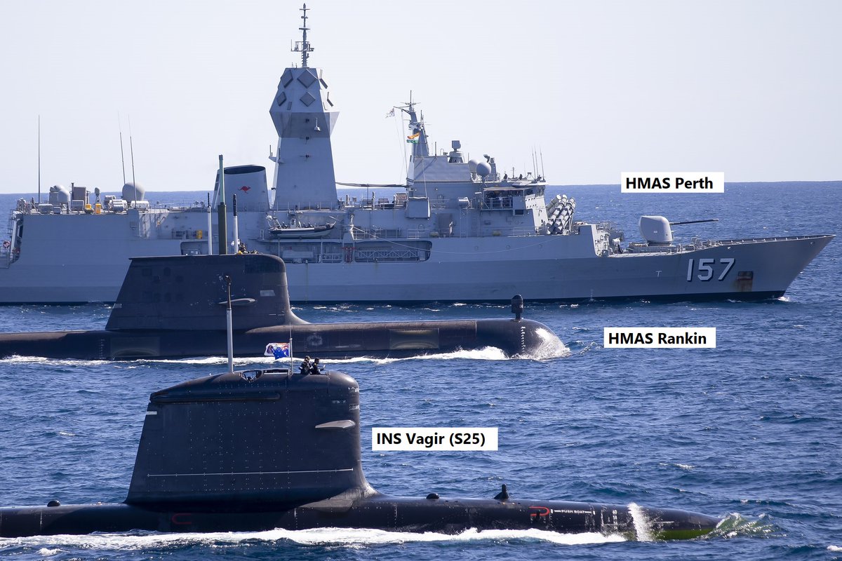 The first Indian Navy submarine to visit Australia INS Vagir being escorted by the Australian submarine HMAS Rankin and the Australian frigate HMAS Perth.