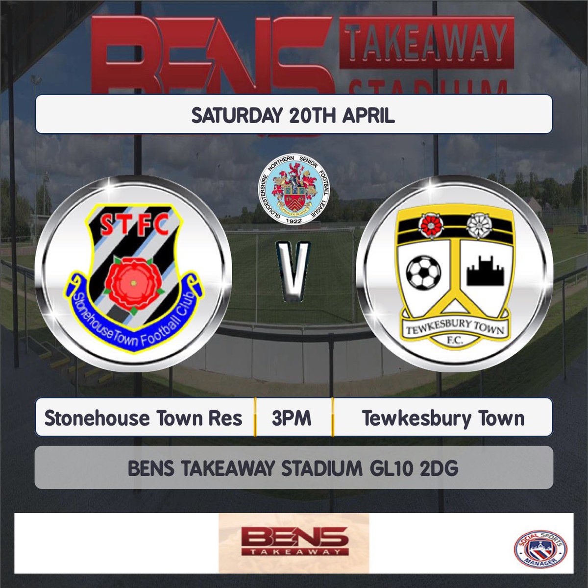 Saturday- ⚽️ Stonehouse Town Res v @TewkesburyTown 📍 Bens takeaway stadium GL10 2DG 🕰️  Saturday- 3pm @GNSLOfficial @GNSL_News The Nest will be open 🍻 and hot food and refreshments available from the cabin window 🍔🍟