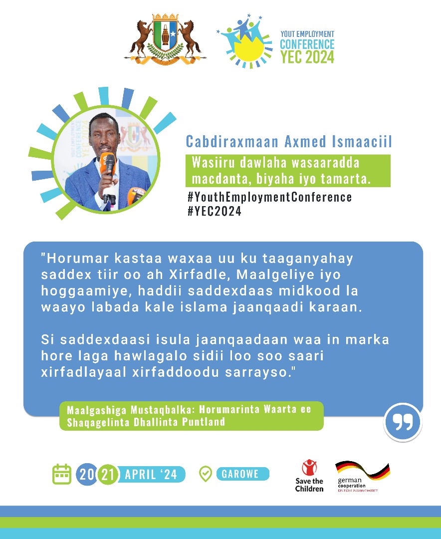 aasiyahusein's tweet photo. "Horumar kastaa waxaa uu ku taaganyahay saddex tiir oo ah Xirfadle, Maalgeliye iyo hoggaamiye, haddii saddexdaas midkood la waayo labada kale islama jaanqaadi karaan. 

Cabdiraxmaan Axmed Ismaaciil, Wasiiru dawlaha wasaaradda macdanta, biyaha iyo tamarta.
#PLYEC2024. https://t.co/PVoxhHOAD4