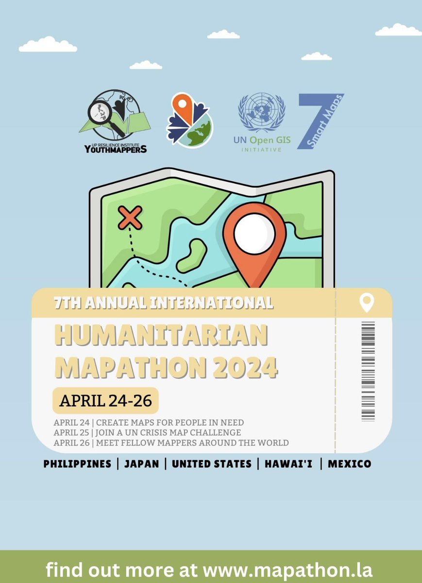The 7th Annual International Humanitarian Mapathon is in a few days✨ #YouthMappers are invited to participate in this three-day event that will consist of mapathons, mapmaking, and experience sharing! 🗓️ 24-26 April Register at mapathon.la