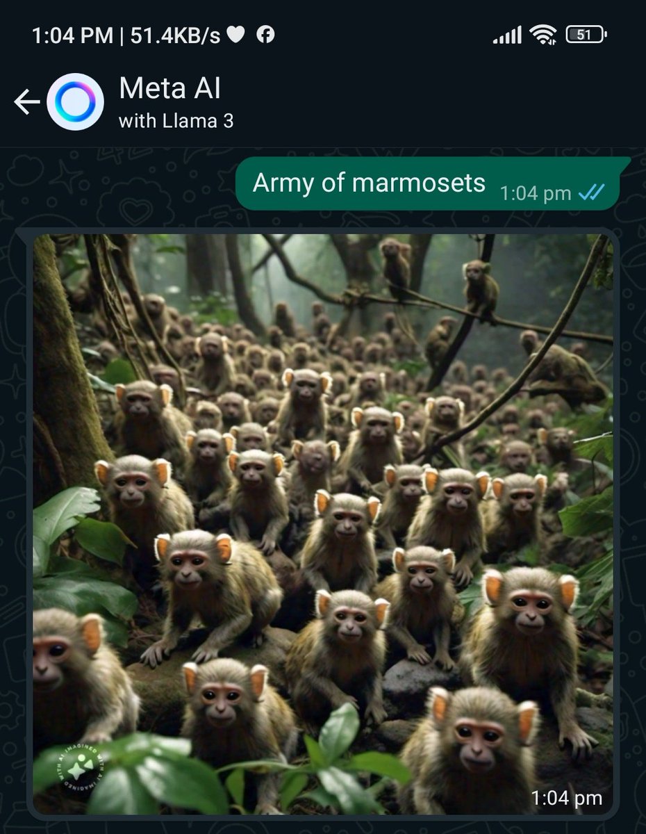 T_ChangaMonkey's tweet photo. Whatsapps AI feature is off the hook 😱. If you don't have the feature yet just download the new version of WhatsApp from your App/Play store🤞🏼🫡
#marmosetmonkey #WhatsAppAI #MetaAi #monkeyarmy #Dubai https://t.co/qq3Kuf1uMD