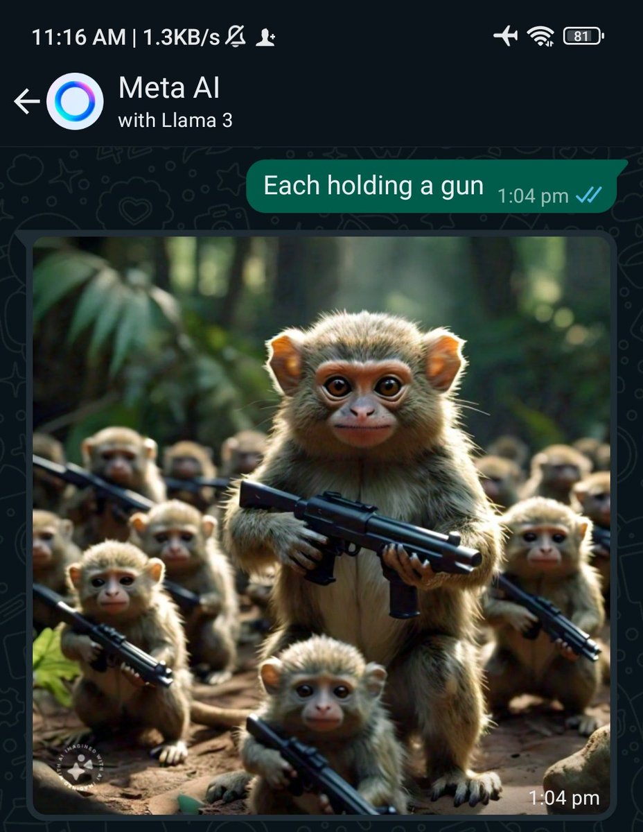T_ChangaMonkey's tweet photo. Whatsapps AI feature is off the hook 😱. If you don't have the feature yet just download the new version of WhatsApp from your App/Play store🤞🏼🫡
#marmosetmonkey #WhatsAppAI #MetaAi #monkeyarmy #Dubai https://t.co/qq3Kuf1uMD