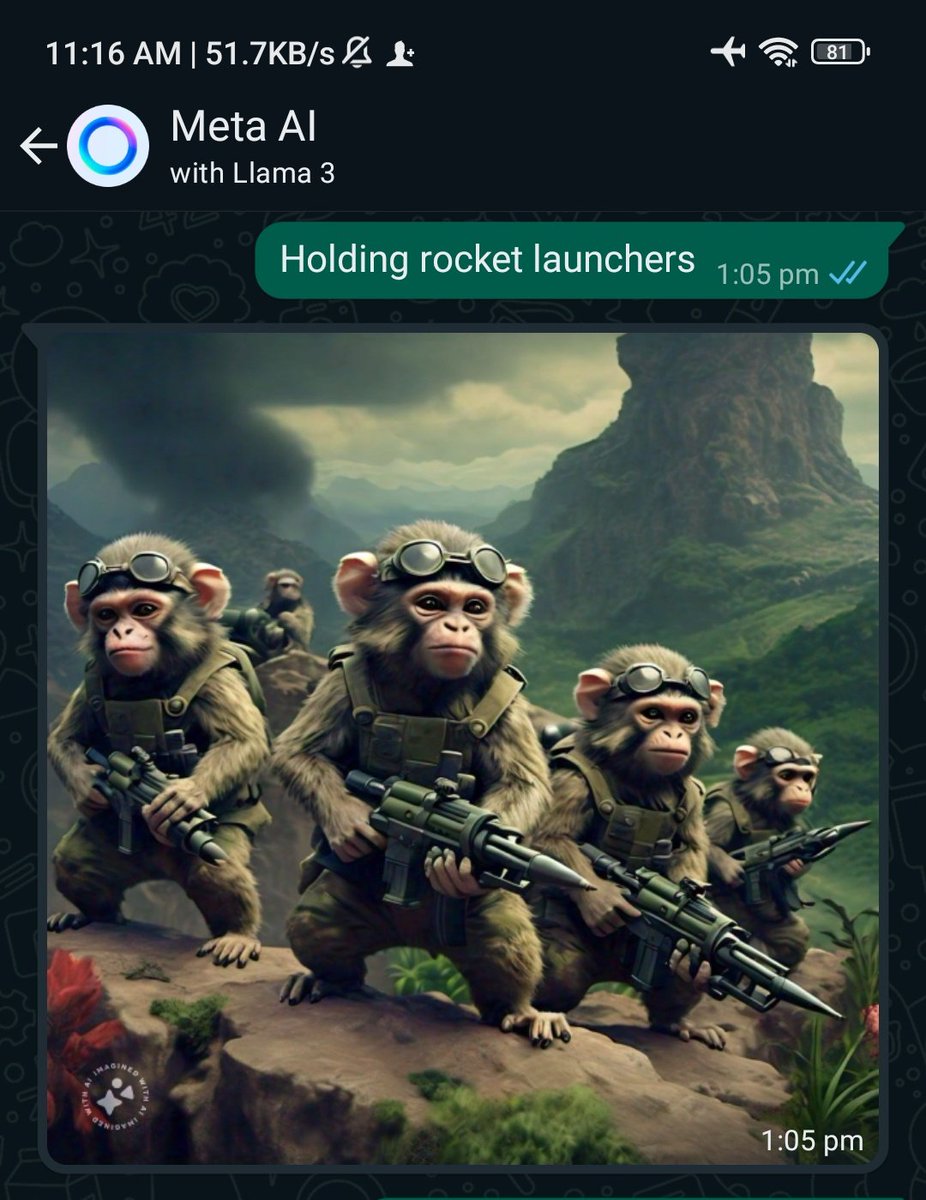 T_ChangaMonkey's tweet photo. Whatsapps AI feature is off the hook 😱. If you don't have the feature yet just download the new version of WhatsApp from your App/Play store🤞🏼🫡
#marmosetmonkey #WhatsAppAI #MetaAi #monkeyarmy #Dubai https://t.co/qq3Kuf1uMD