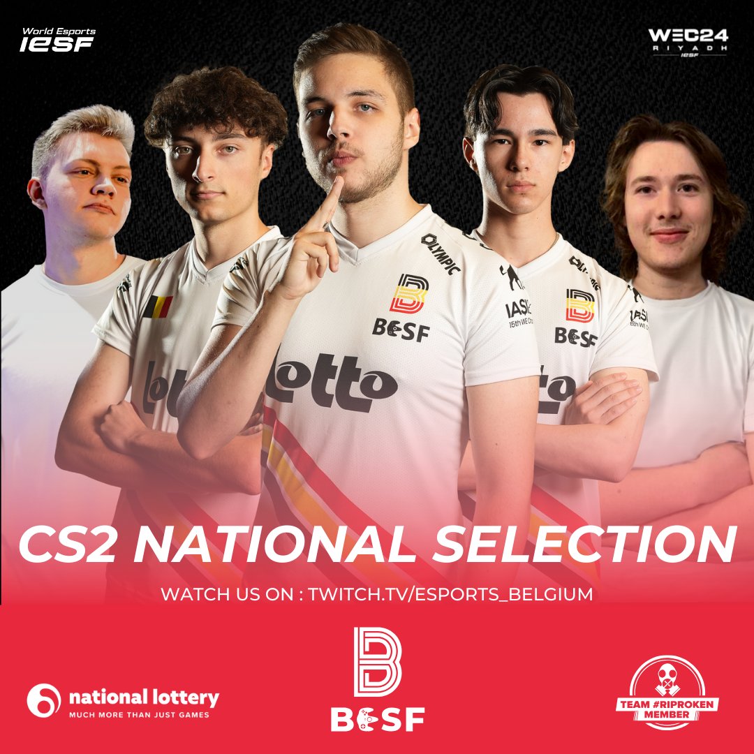 Exciting News! 

Introducing our National Team for Counter-Strike 2!🏆

Let's make 🇧🇪 proud! 💪

Watch us on twitch.tv/esports_belgium

#wec24 #iesf #omdathetkan #parcequecestpossible #lotto