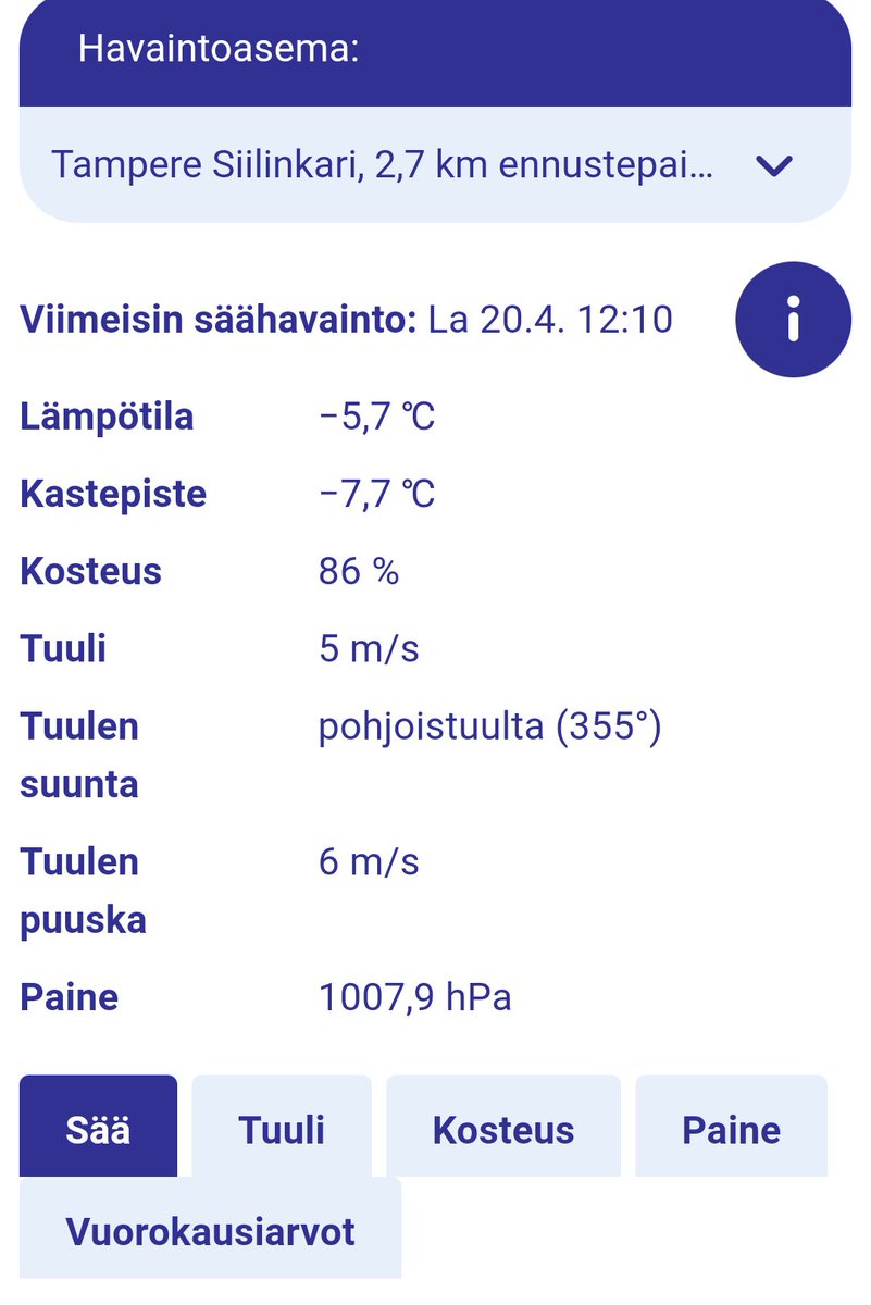 Tampere lighthouse is now Tampere region coldest station -5.7c there Temps now: Here -4.2c Tampere suburban -3.9c Tampere lighthouse -5.7c Tampere airport -4.4c Nearest rural station I -5.2c Nearest rural station II -2.3c