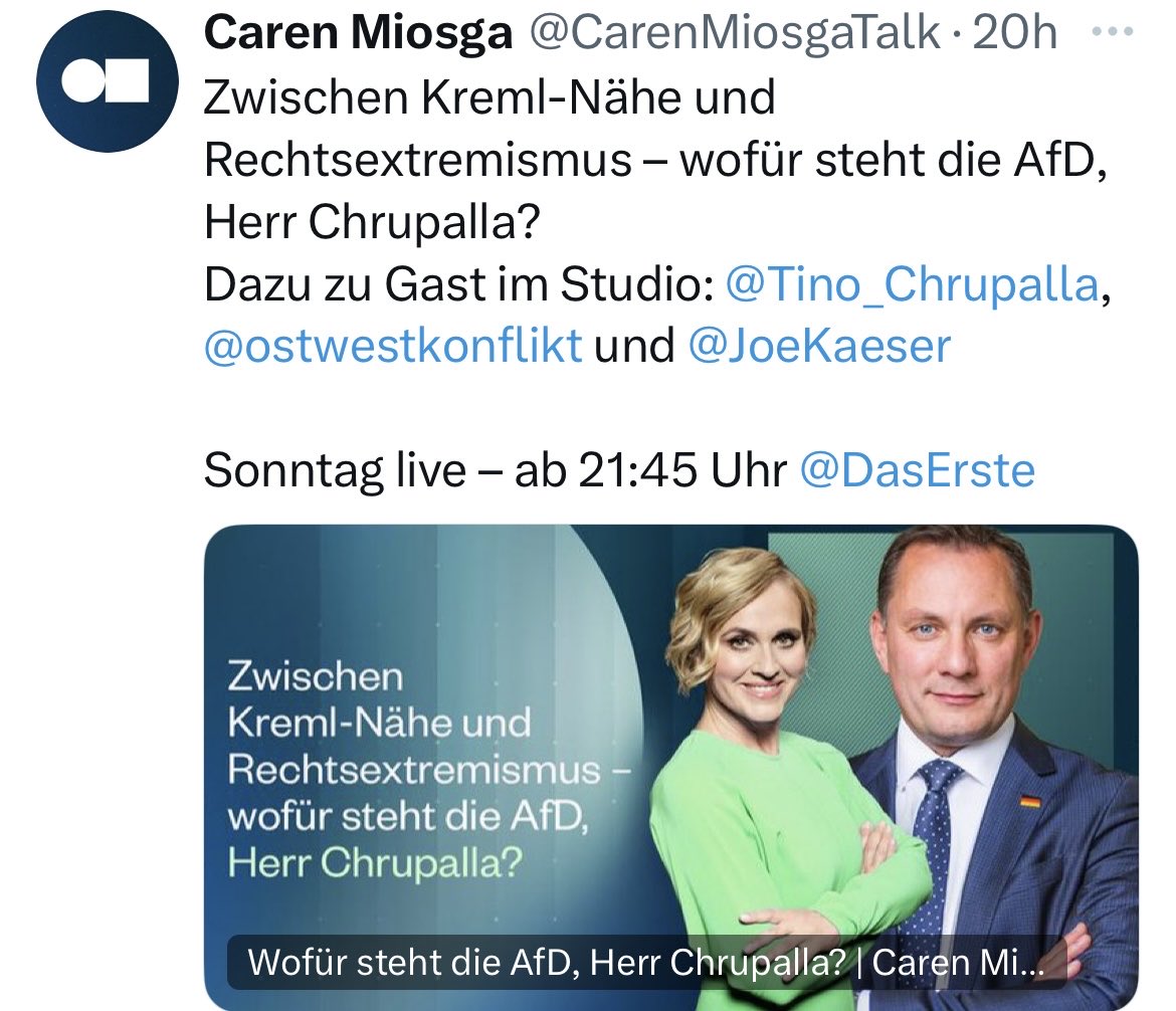 Die Normalisierung einer rechtsradikalen Partei, die Faschisten beheimatet und in der Mitglieder an Plänen zur Deportation von Millionen von Nicht-Deutschen arbeiten, schreitet voran.  Ich empfehle: Abschalten! #CarenMiosga