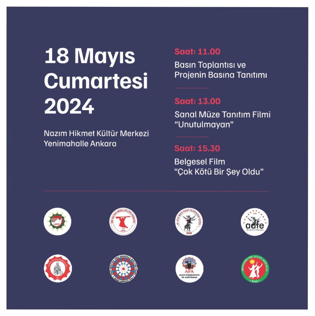 Madımak Katliamı Hafıza Merkezi Lansmanı ve Belgeselin Galası 18 Mayıs’ta Ankara’da!

Saat 11.00 Basın Toplantısı ve Projenin Basına Tanıtımı

Saat 13.00 Sanal Müze Tanıtım Filmi “Unutulmayan - Evergreen” gösterimi

Saat 15.30 Yönetmenliğini Ümit Kıvanç’ın yaptığı “Çok Kötü Bir