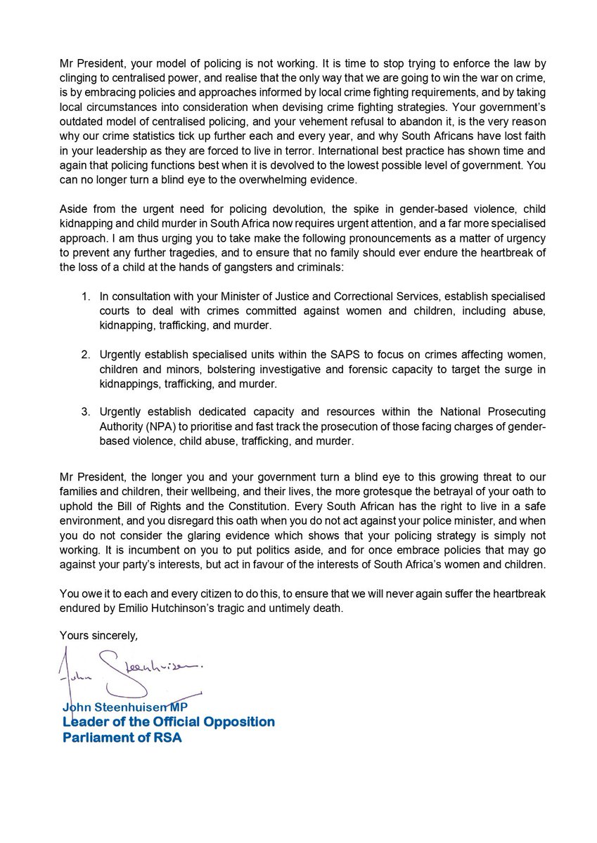 🚨The surge in child kidnappings, trafficking, and murder requires urgent interventions, this is why DA Leader John Steenhuisen has presented bold solutions to President Ramaphosa. Just this past week, 3-year-old Emilio was shot to death in Nelson Mandela Bay. #JusticeForEmilio