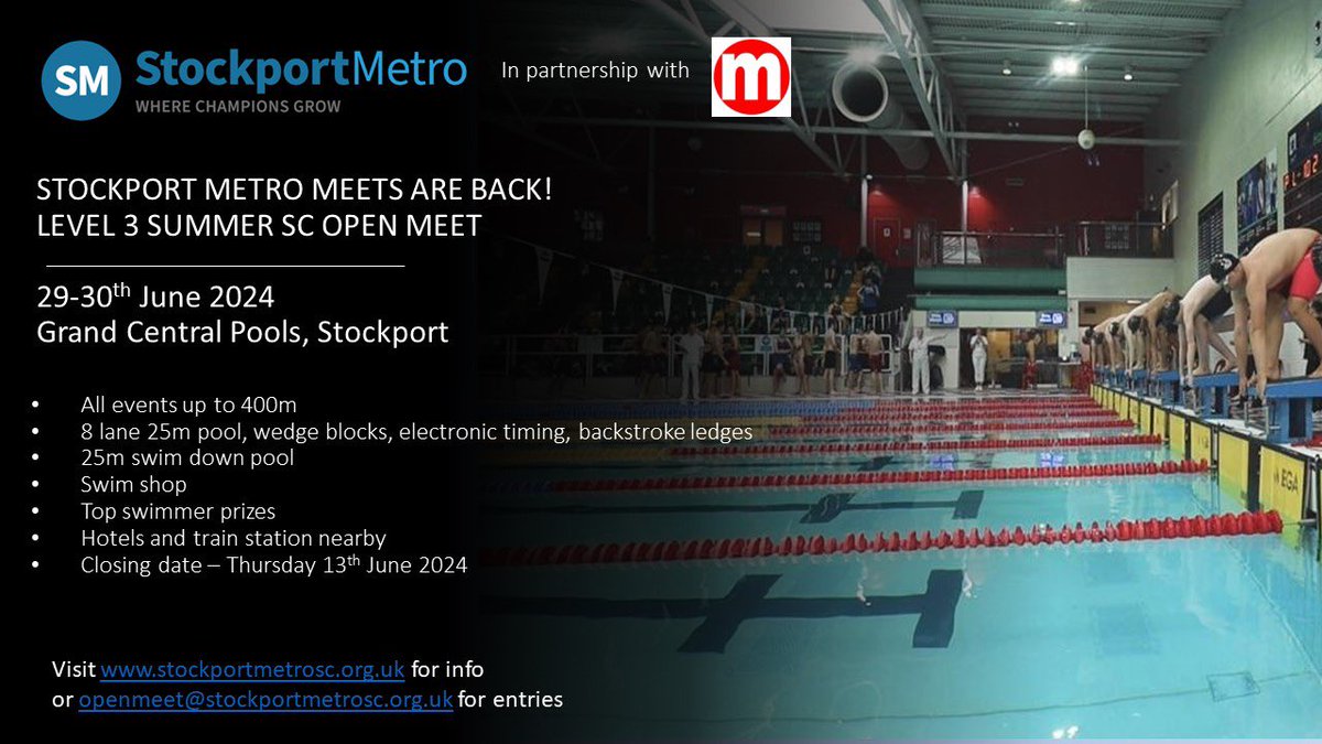 🚨 Stockport Metro Meets Are Back! 🚨 We will be running a Level 3 short course summer meet on the 29-30th June in partnership with @CoManchAq More information will be on our website shortly @lifeleisureuk @arenawaterinstinctuk