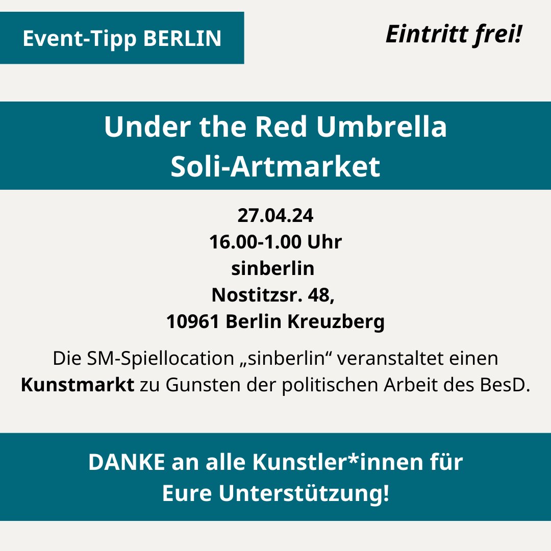 Am Samstag in #Berlin und noch nichts vor? Komm zu 'Under the Red Umbrella', dem Soli-Artmarket im sinberlin. Wunderbare Künstler*innen haben Werke gespendet. Der Erlös kommt unserer politischen Arbeit zugute ❤️ Ab 20 Uhr gibt's Input von @Johanna_Weber_ & @Dominus_Berlin 🔥