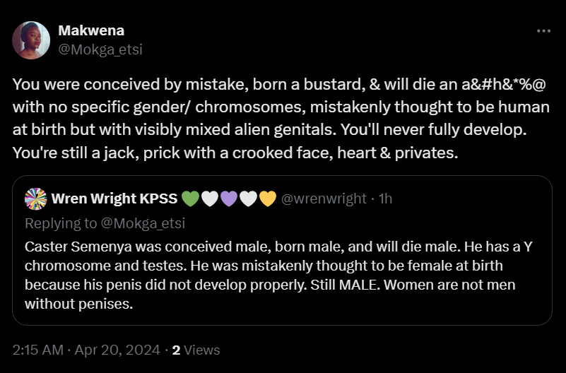 wrenwright's tweet image. This response to publicly known facts about Caster Semenya  🤣