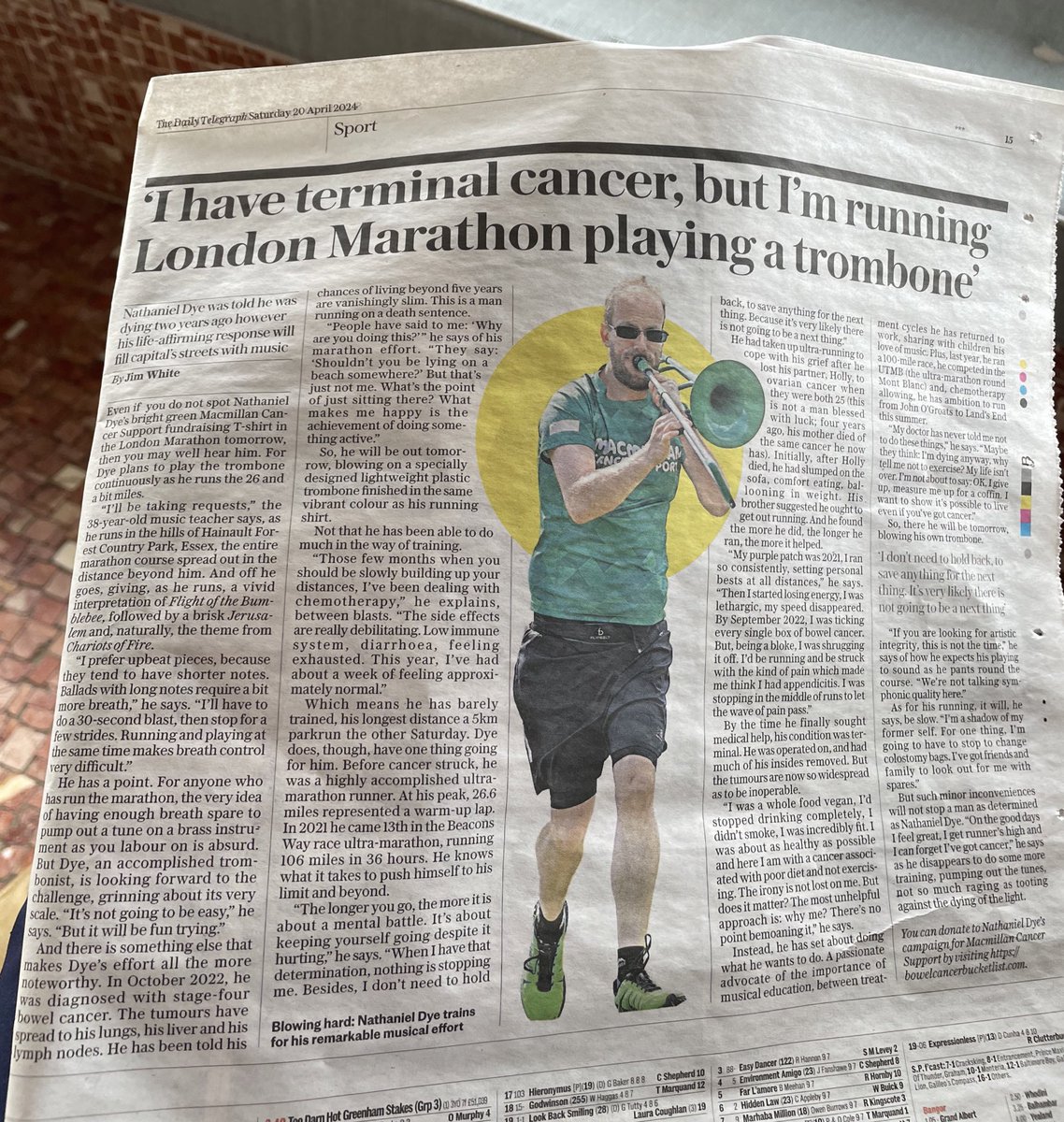 Very moving story this, incredible really. Nathaniel Dye is running the marathon while playing the trombone. With stage IV cancer… @macmillancancer @LondonMarathon