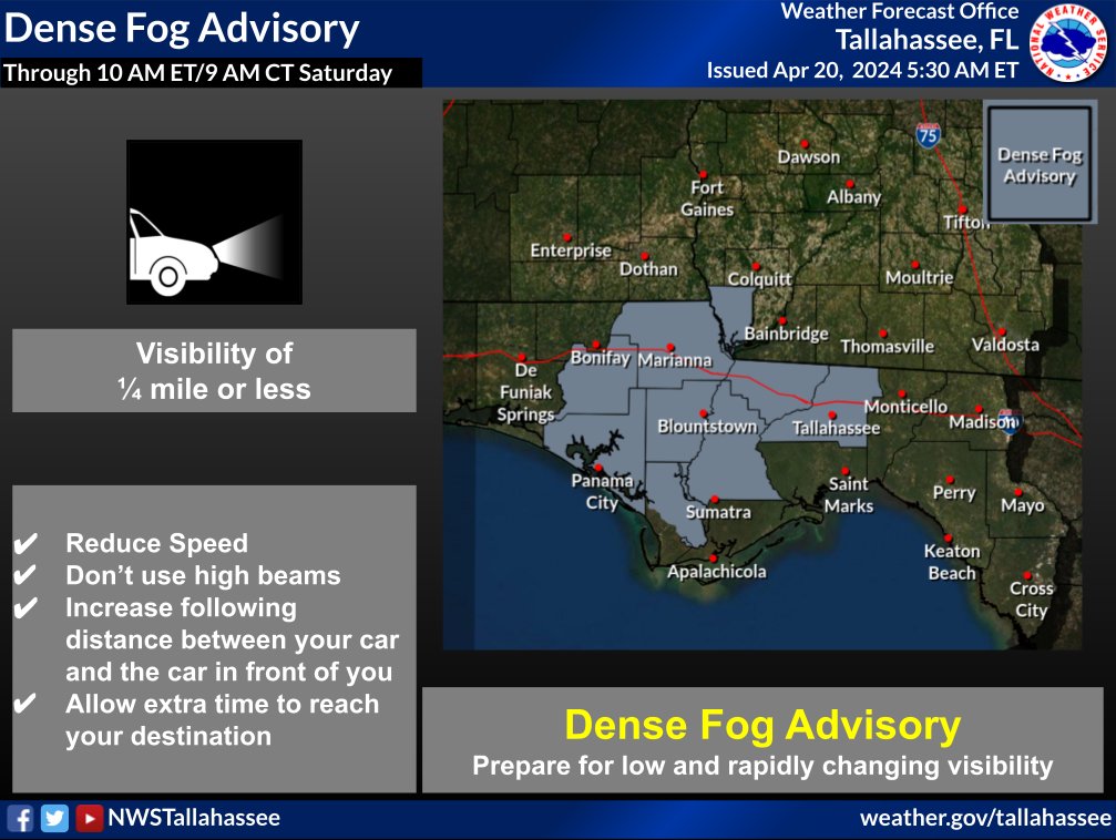 April 20, 2024
Areas of dense fog has developed across the FL Panhandle and western Big Bend region this morning. Dense fog may expand across the region closer to daybreak. Please drive with caution and allow yourself extra time to reach your destination. 
#FLwx #GAwx #ALwx