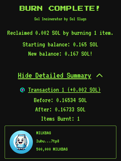 Burned another 500,000 #MILKBAG today!🥛🔥 solscan.io/tx/2p5sjjPBuvy…