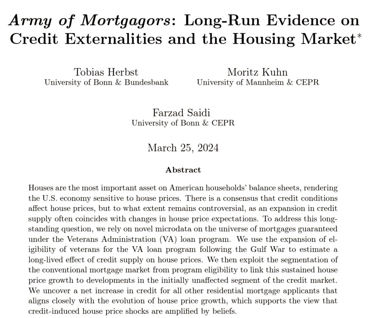 Great to see 'Army of Mortgagors' w Tobi Herbst & @farzado out as an @OIGInstitute WP. We study the effect of credit supply on the US housing market using novel loan-level data on the universe of VA loans. @AtifRMian @profsufi @MSchularick @EmilVerner @glviolante @SorryToBeKurt