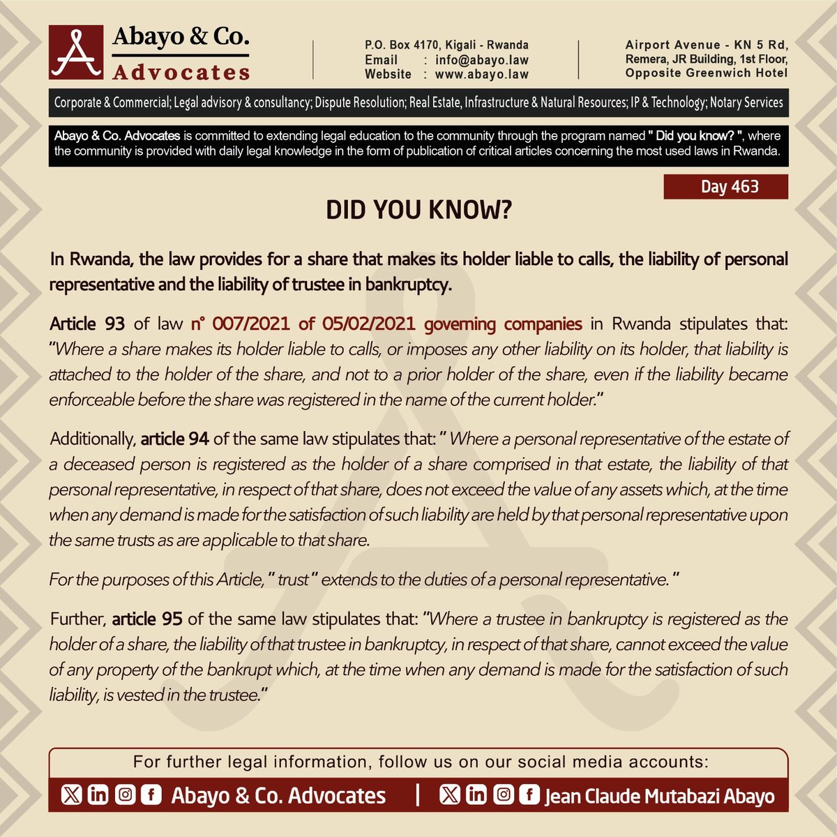 ◉ Are you aware of a share that makes its holder liable to calls? ◉ Are you aware of the liability of a personal representative? ◉ Did you know about the liability of a trustee in bankruptcy? This is what the law provides 👇🏽 #ReadtoKnowtheLaws #SomaUmenyeAmategeko