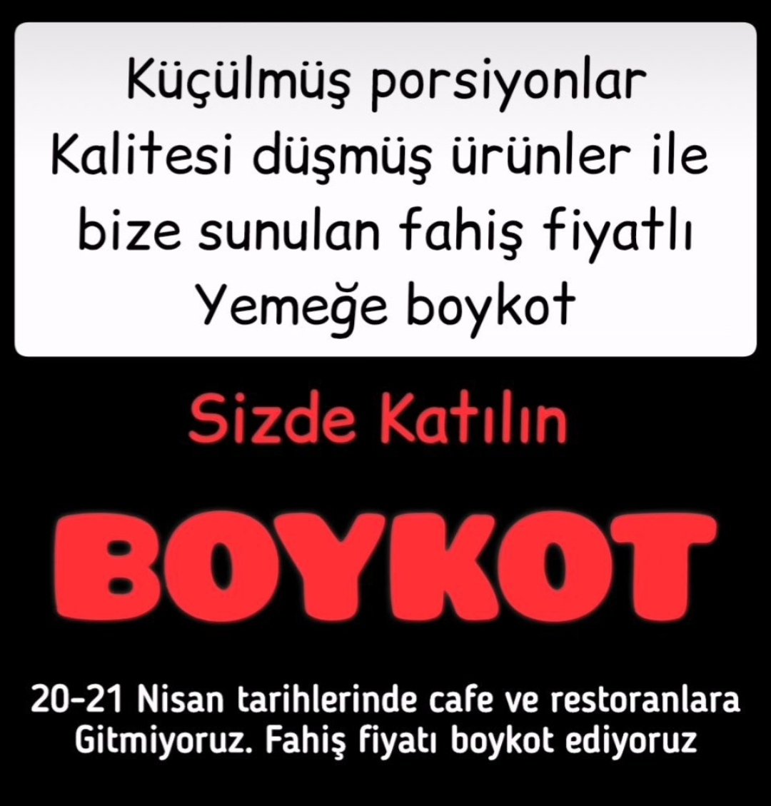 BOYKOT‼️ Tüketimden gelen gücümüzü kullanarak enflasyonu bahane edip, millete kalitesi düşürülmüş, porsiyonu küçültülmüş fahiş fiyatla yemek satan Cafe, Restaurant ve Baklavacıları Ülke genelinde ve Adana'da BOYKOT ediyoruz. Fırsatçılara meydan vermeyelim! #fahisyemeğeBOYKOT