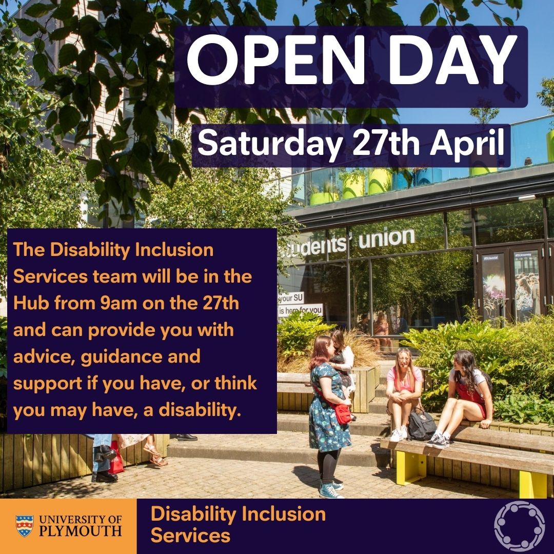One week to go until our Open Day! 
The Disability Inclusion Services Team will be there on Saturday to offer support and guidance, so come on down and chat with our friendly team in the Student Hub 🤝 
 #plymuni #UniversityofPlymouth #offerholderday #UoP