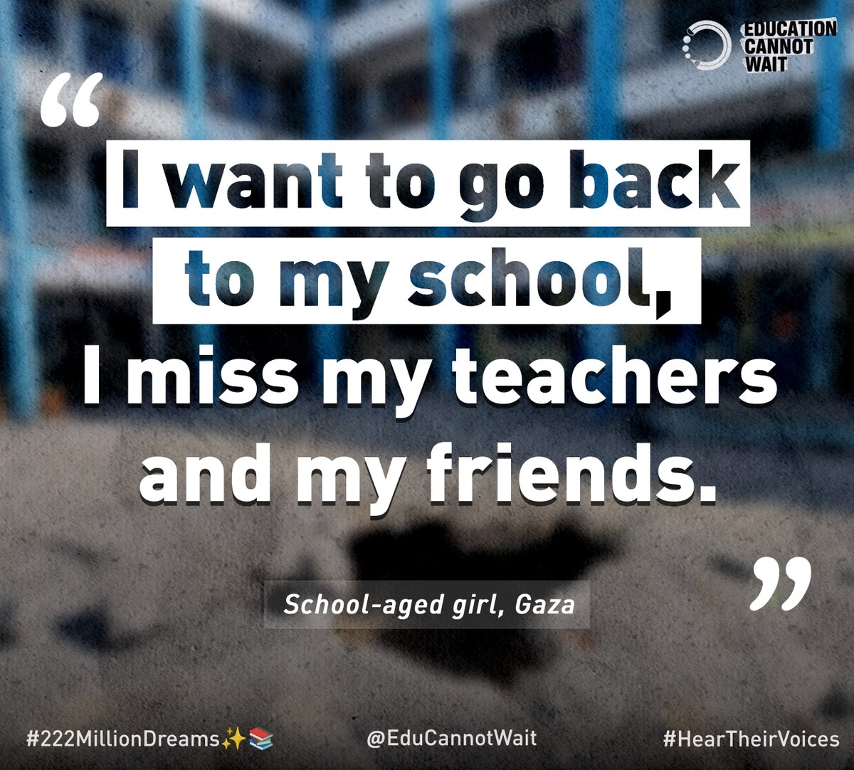 #HearTheirVoices: 'I want to go back to my school, I miss my teachers and my friends.' ~School-aged girl, #Gaza #ECW supports every child's right to the safety & hope of continuing education; esp. in armed conflict. Their learning & mental health depend on it. @UN @UNRWA