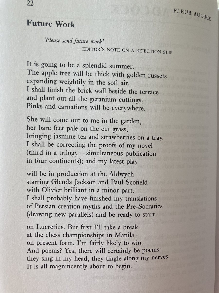 GCtheWriter's tweet image. Reading the ‘Sixty Women Poets’ anthology ed. by Linda France (1993). It’s brilliantly hopeful. This Fleur Adcock is a great reminder to keep moving forward