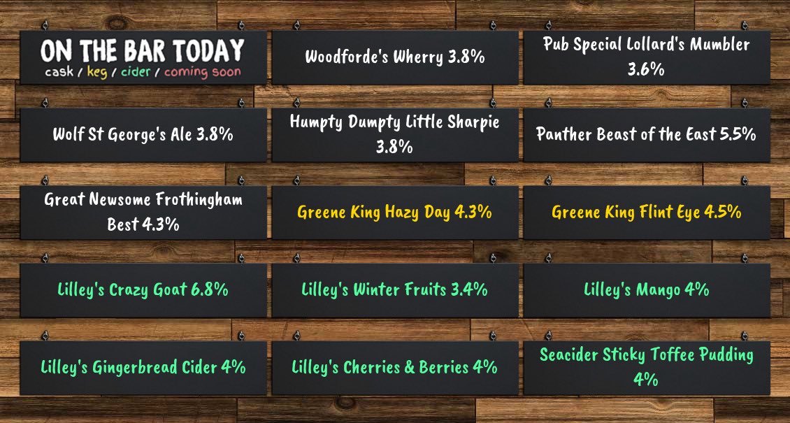 Match Day Line Up ⚽️ #NCFC #OTBC 
Beer Board: bit.ly/2op69fb
@WoodfordesBeer  #PubSpecial @WolfBrewery (our special offer for St. George’s Day) @HDBrewery @Pantherbrewery @greatnewsome @greeneking @lilleyscider @SeaCiderSussex 
#RealAleFinder ⁦@CityOfAle⁩