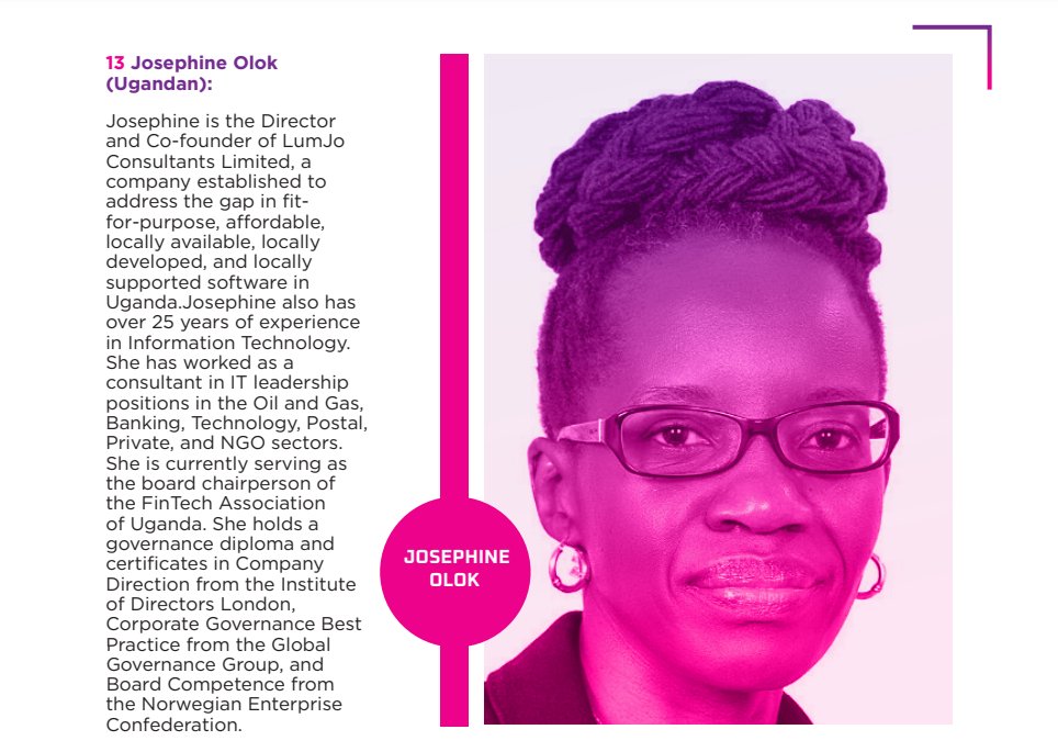 2024 Top 100 #WomenInFinTech 👇👇 13. @josephine_olok (Ugandan): Josephine is the Co-founder of @Lumjo_ and has over 25 years of IT experience. She's held IT leadership roles across various sectors and is the board chairperson of @FitspaUG. | shorturl.at/gkpY4…