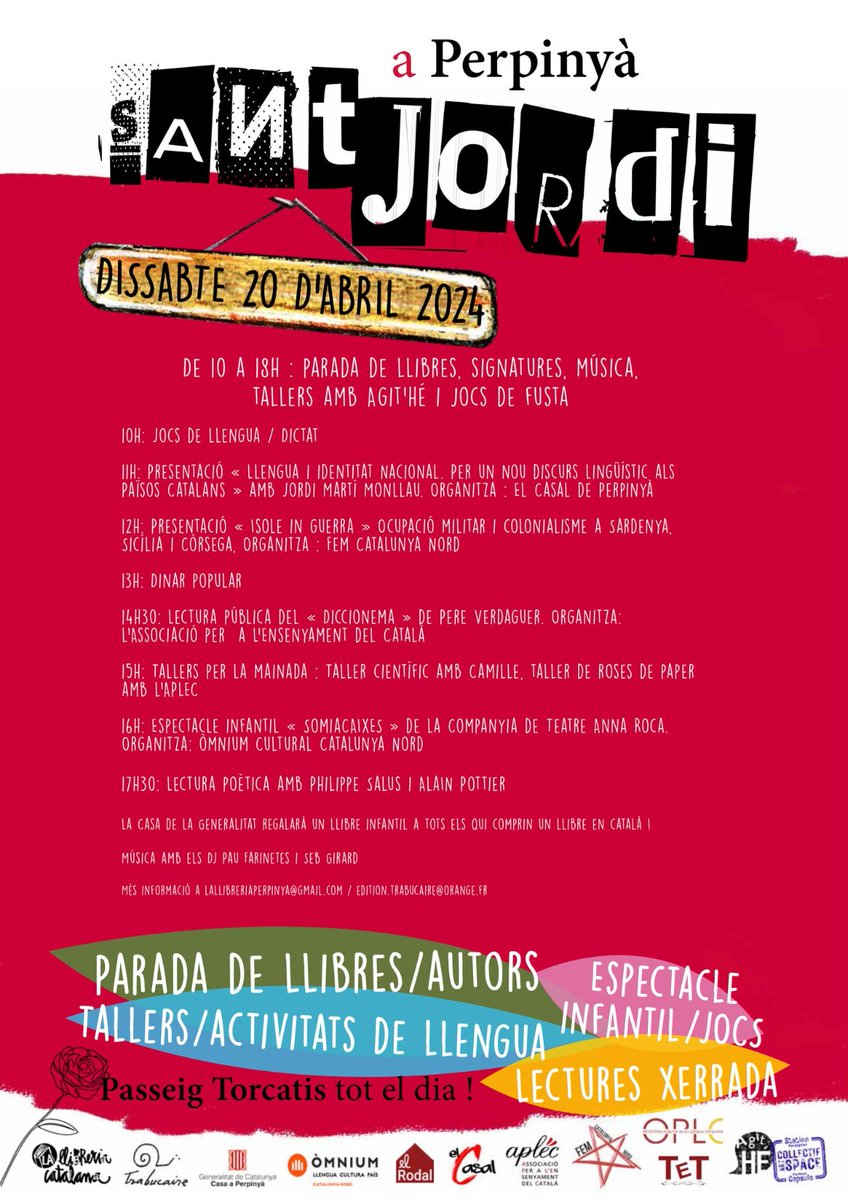 👀 Comencem la Diada de Sant Jordi a Perpinyà 🌹📖 amb la presentació del llibre 'Llengua i identitat. Per un nou discurs lingüístic als Països Catalans' amb Jordi Montllau a l'editorial Torcatis. Espieu la programació prevista al llarg de la jornada! Vos hi esperem nombroses‼️