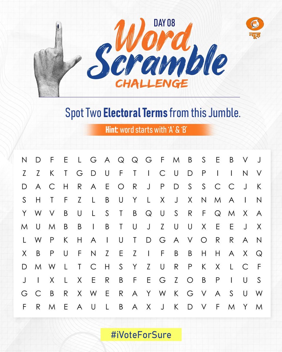 DDNewslive's tweet photo. #WordScrambleChallenge | Spot Two Electoral Terms from this jumble
#LoktantraKaUtsav #Elections2024 #vote #Poll #GeneralElectionN0W #ECI https://t.co/zxpIZ7Bkjz