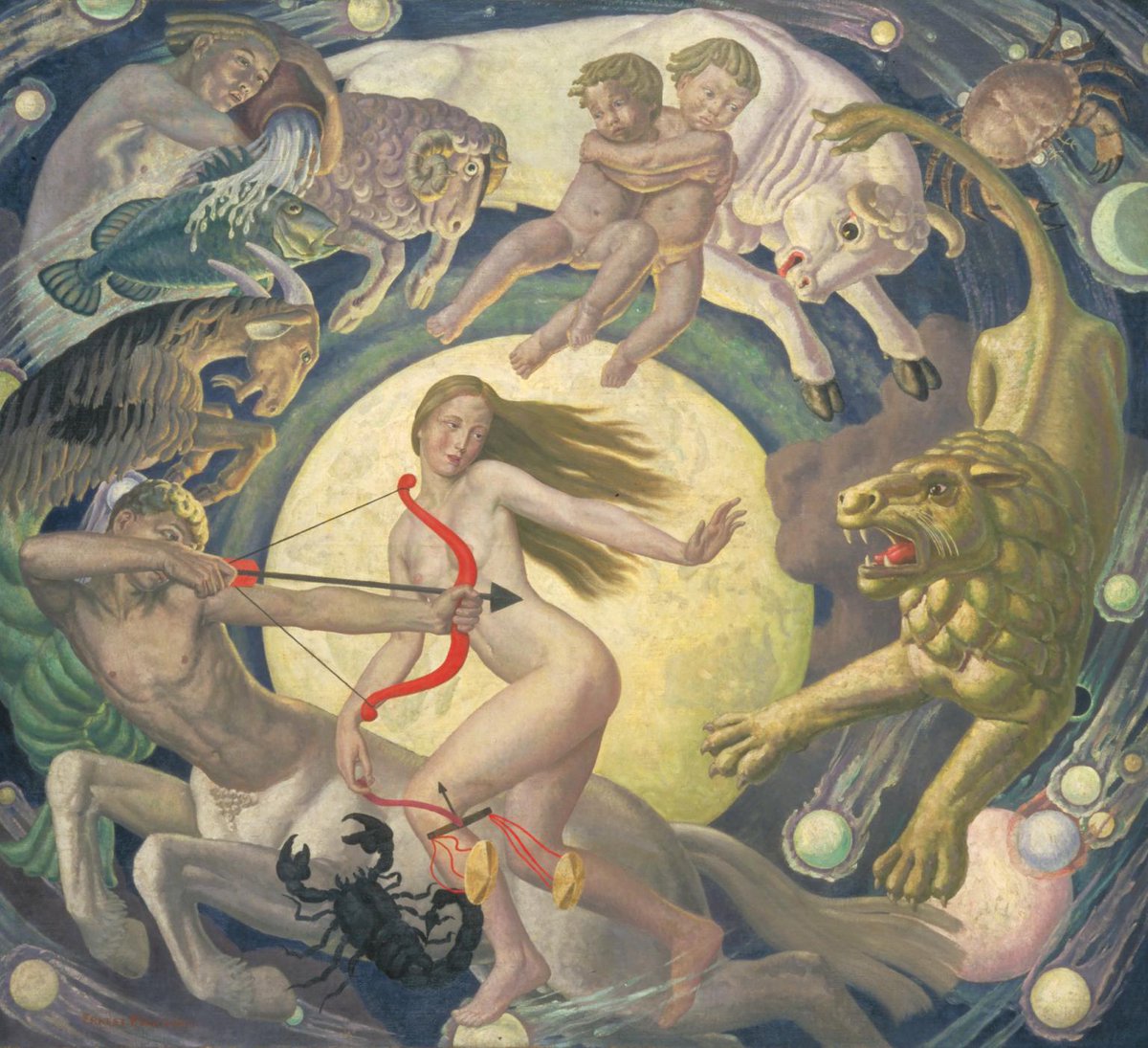 It's Taurus season! This painting cleverly combines representations of the twelve animal and human symbols of the Zodiac. Can you spot them? 💧🐟🐂👭🦀🦁 ⚖️🦂 🏹🐐 🖼️ Ernest Procter The Zodiac 1925. Tate