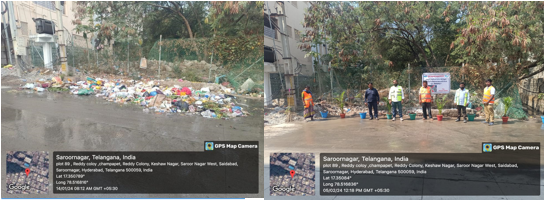CommissionrGHMC's tweet photo. Our Strive to eliminate GVP's makes much difference on the streets of LB NAGAR. 
Let's rewrite the script of our streets with cleanliness as the leading role. 
let's commit to responsible waste disposal and maintain the beauty of our city. 
#CleanHyderabad #BasthiActionPlan 
@TSMAUDOnline @cdmatelangana