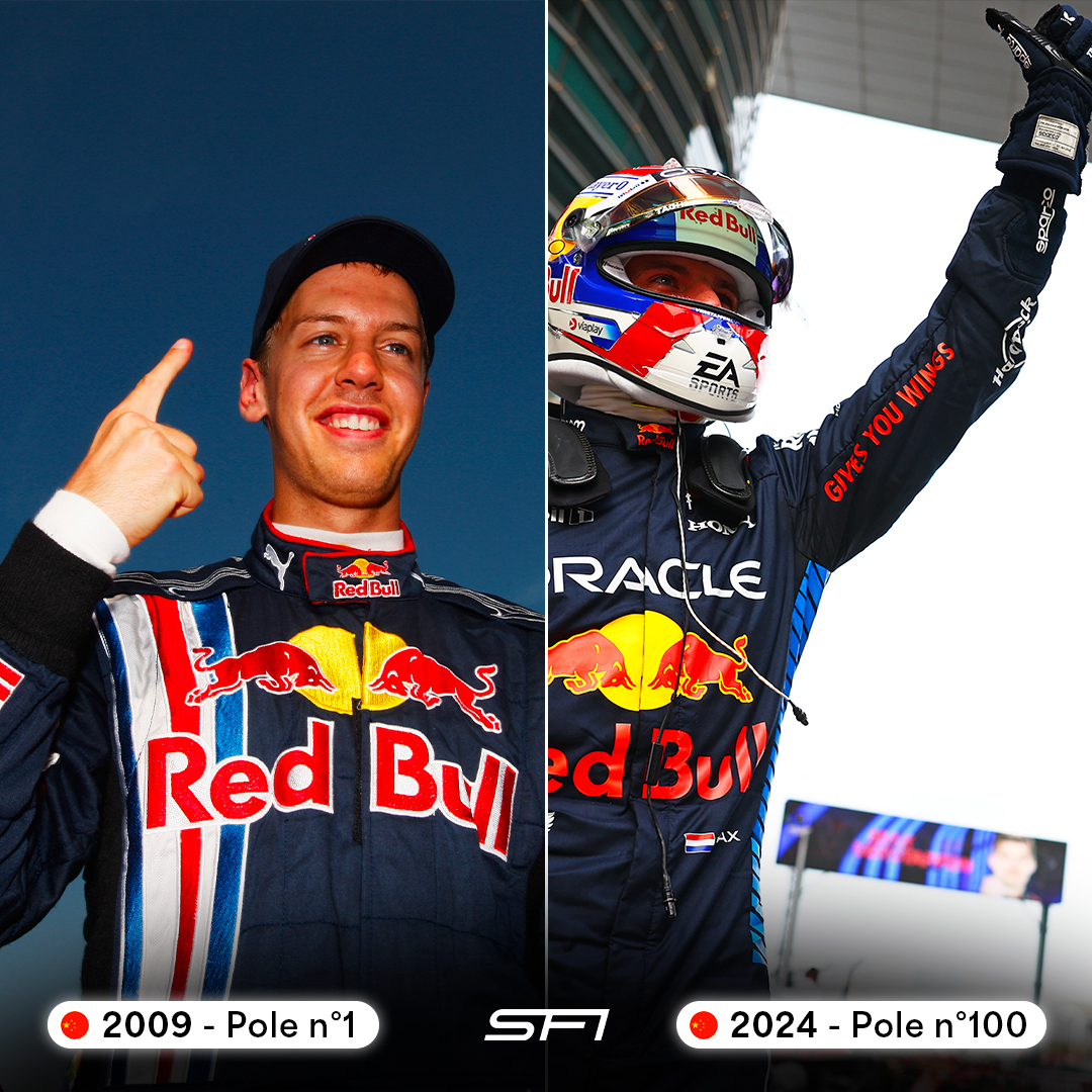 Red Bull a atteint aujourd'hui les 𝟭𝟬𝟬 𝗽𝗼𝗹𝗲𝘀 𝗽𝗼𝘀𝗶𝘁𝗶𝗼𝗻𝘀 en F1 💙👏 🇩🇪 Vettel - 44 🇳🇱 Verstappen - 37 🇦🇺 Webber - 13 🇦🇺 Ricciardo - 3 🇲🇽 Pérez - 3 Quelle est la pole d'un pilote Red Bull qui vous a le plus marqué ? 🤔⏱️ #F1 #ChineseGP 🇨🇳